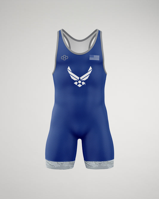 A blue wrestling singlet with short legs, featuring the U.S. Air Force logo on the front.