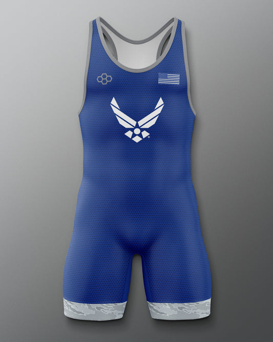 A blue wrestling singlet with short legs, featuring the U.S. Air Force logo on the front.