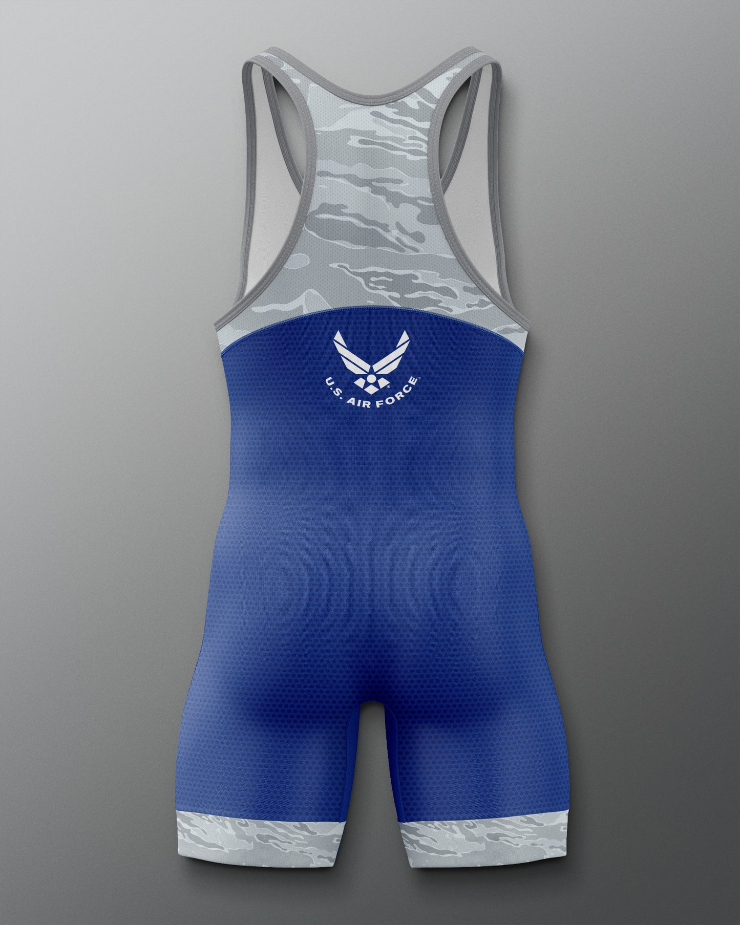 Blue and gray wrestling singlet with Air Force logo on a light gray background