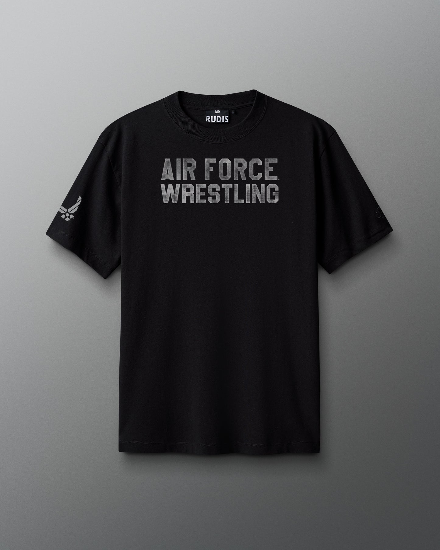 Black t-shirt with 'Air Force Wrestling' text on a gray background