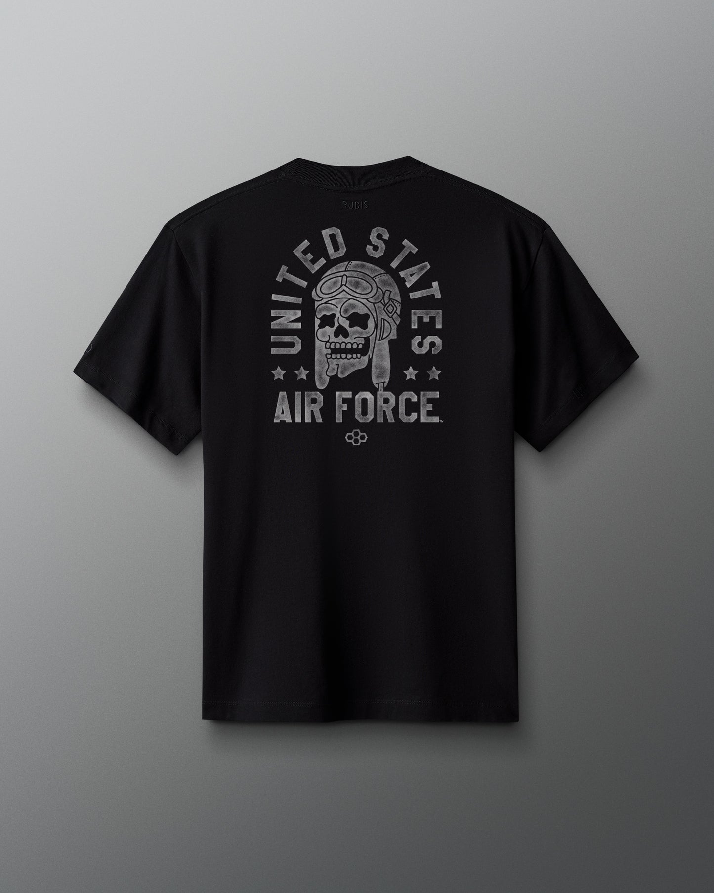 Black t-shirt with 'United States Air Force' design on a gray background