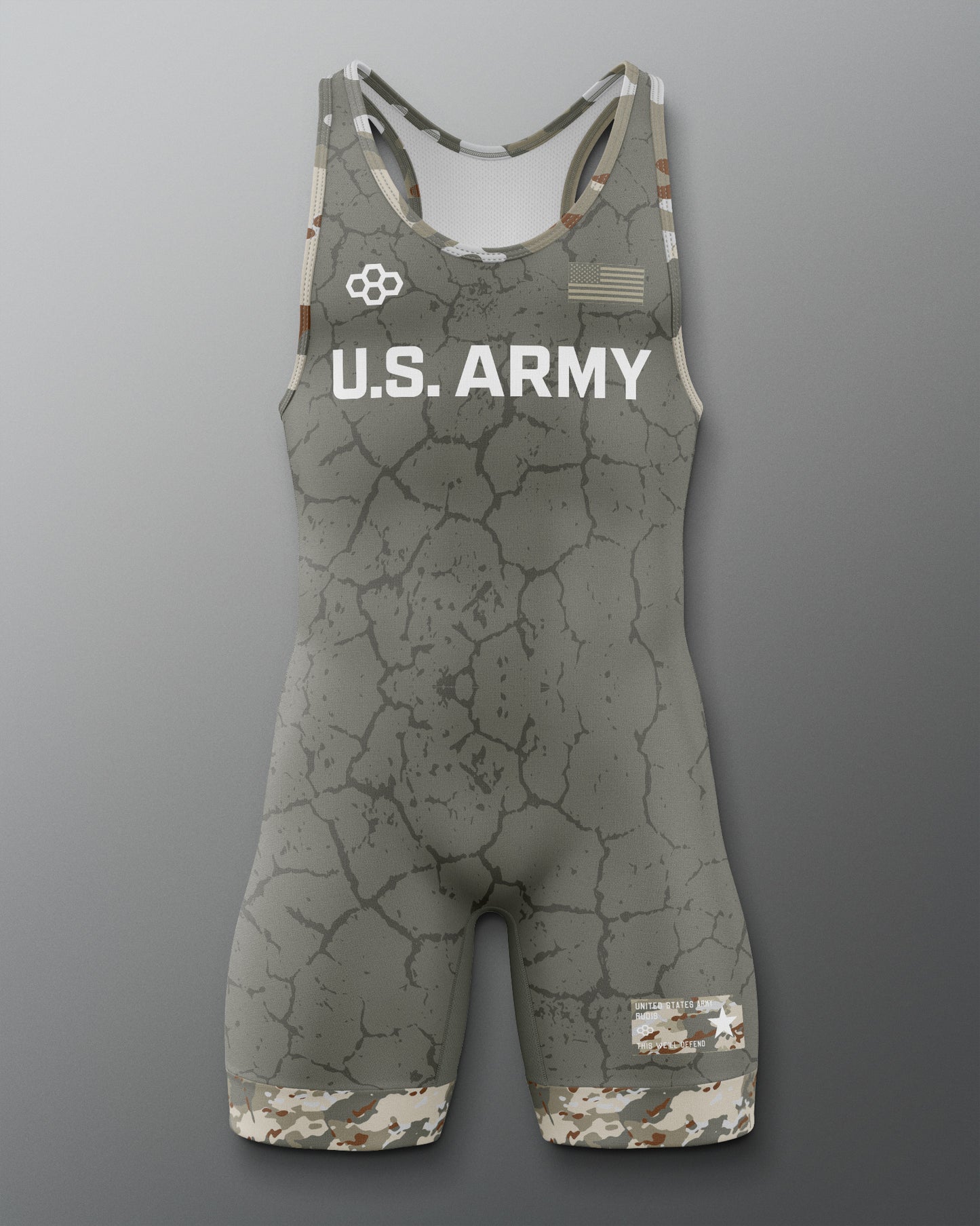 Gray wrestling singlet with U.S. Army text and camouflage patterns on a gray background