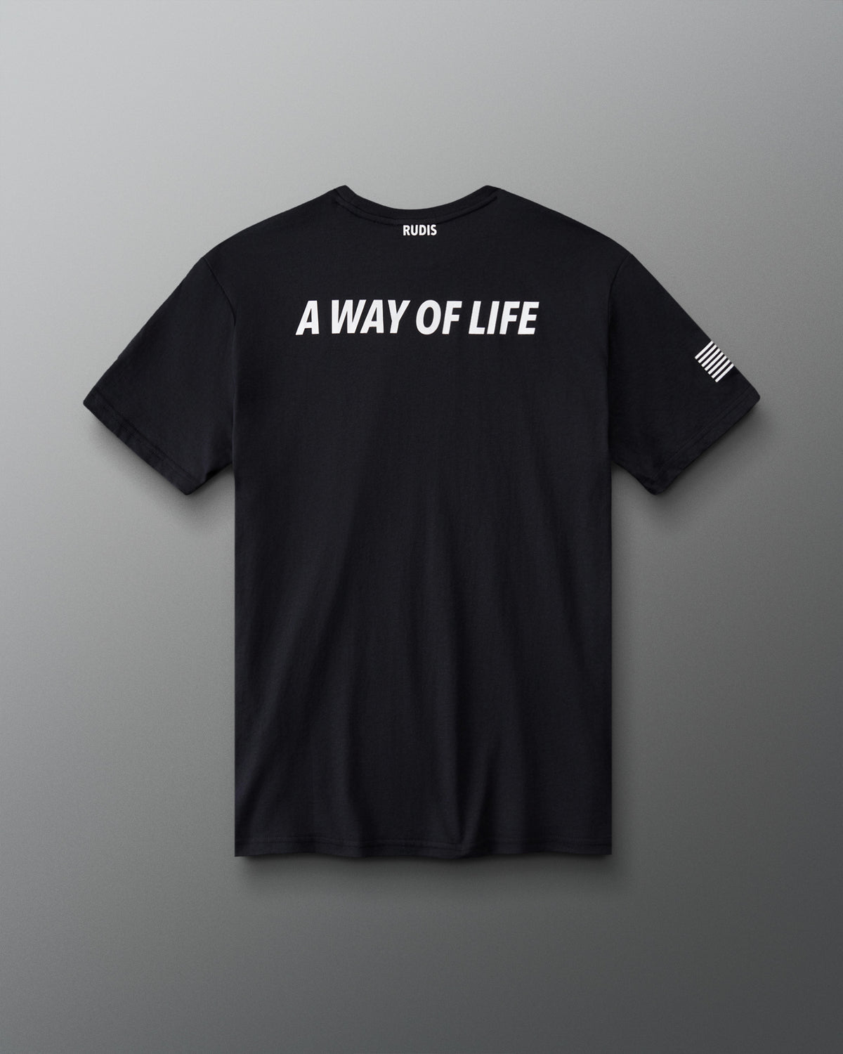 RUDIS U.S. Army Defend Elite Super Soft T-Shirt in Black, back view featuring bold white A WAY OF LIFE lettering, RUDIS neck branding, and American flag sleeve graphic.