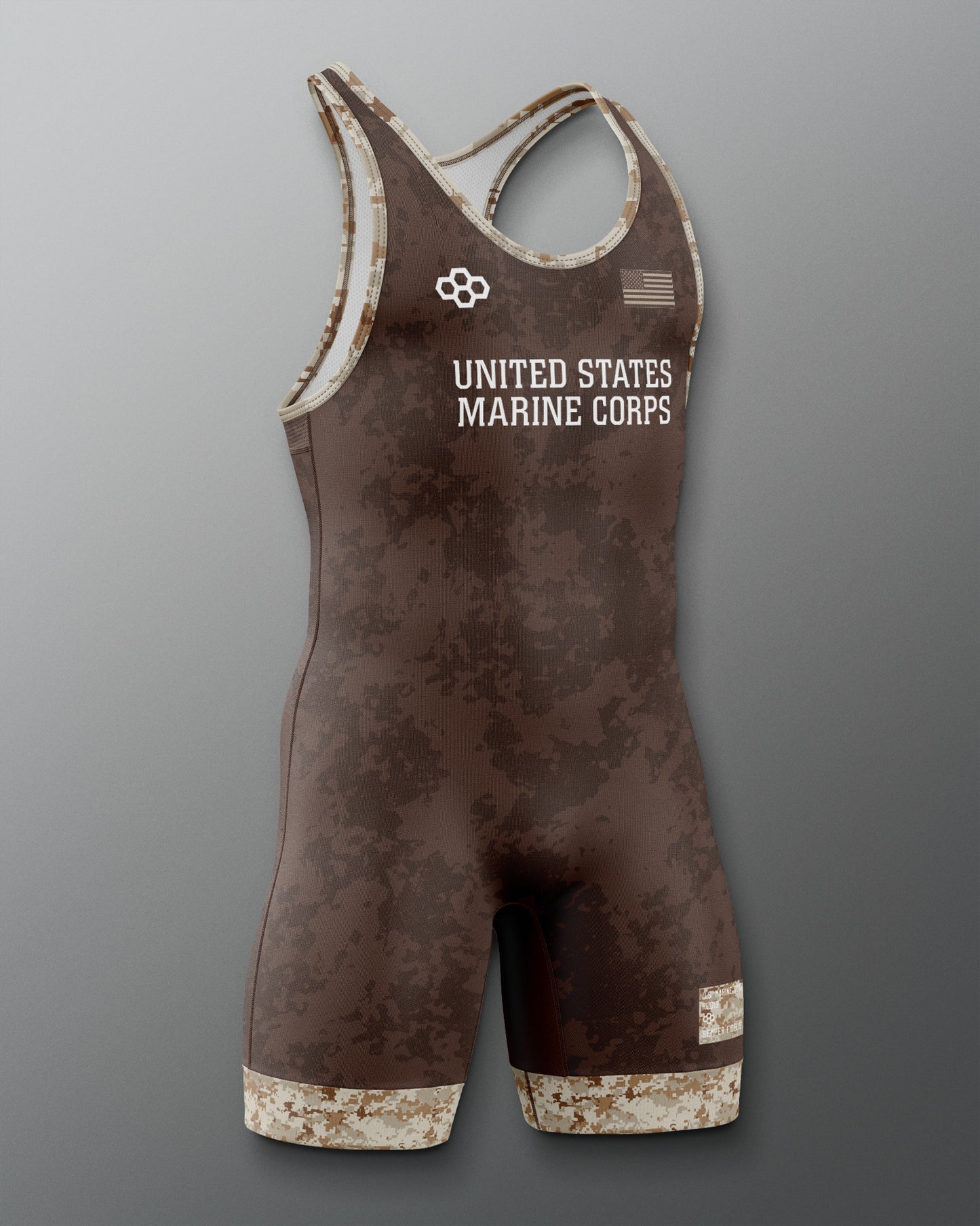 Brown wrestling singlet with 'United States Marine Corps' text on a gray background