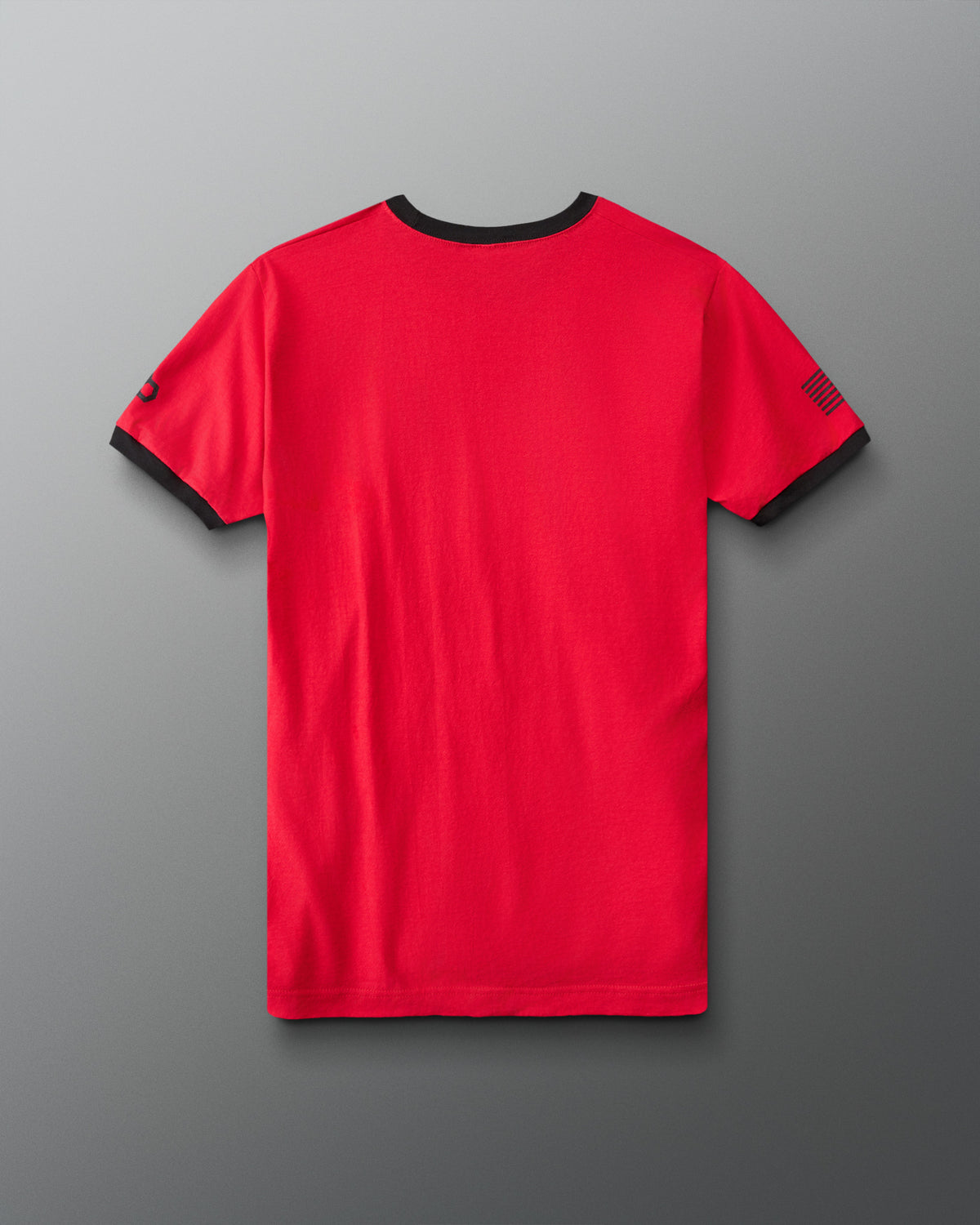 RUDIS USMC Devil Dog Ringer T-Shirt in Red/Black, back view showing a solid red shirt body, contrasting black collar and sleeve cuffs, American flag sleeve graphic, and RUDIS sleeve logo.