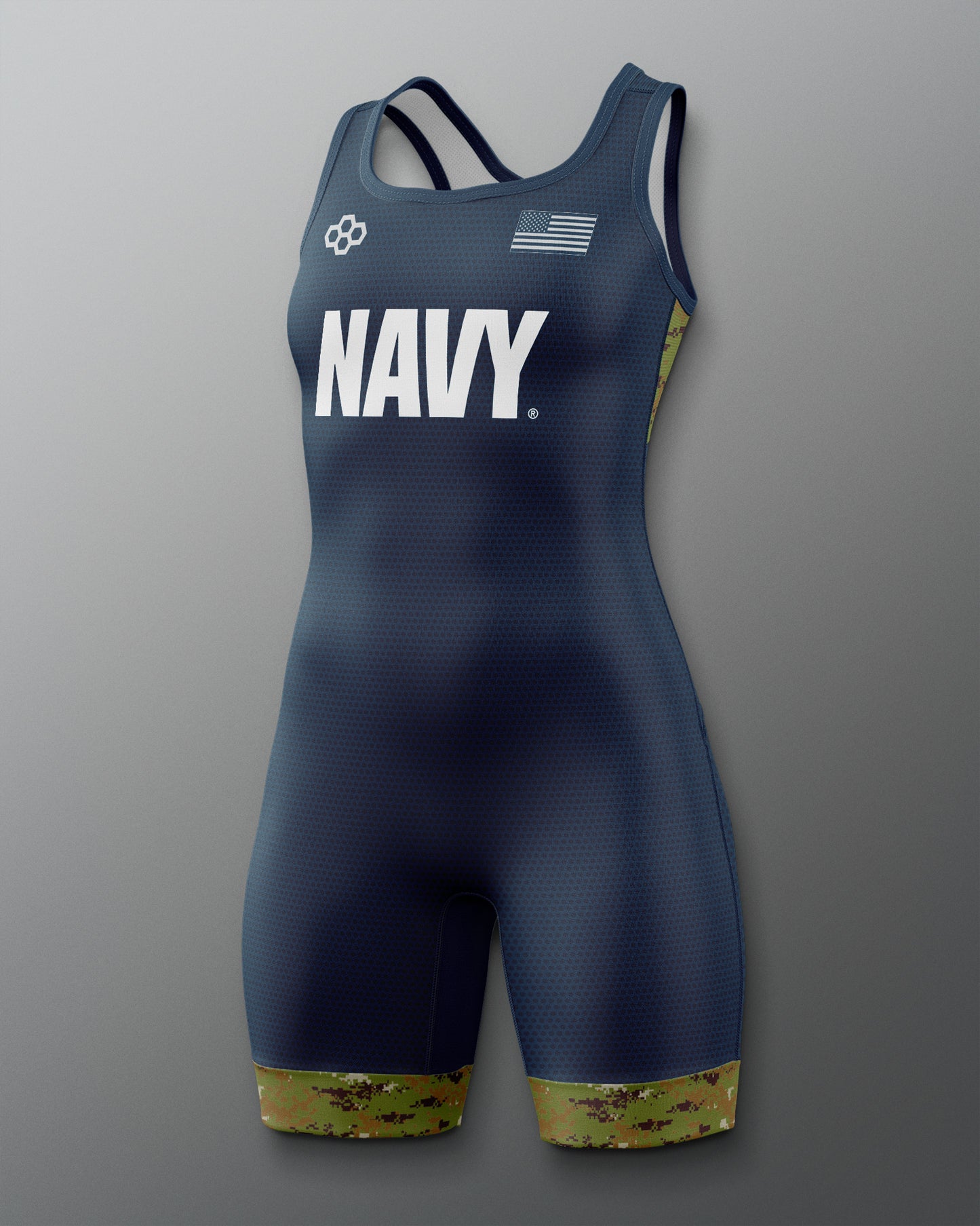 Navy swimsuit with 'NAVY' text on a gray background