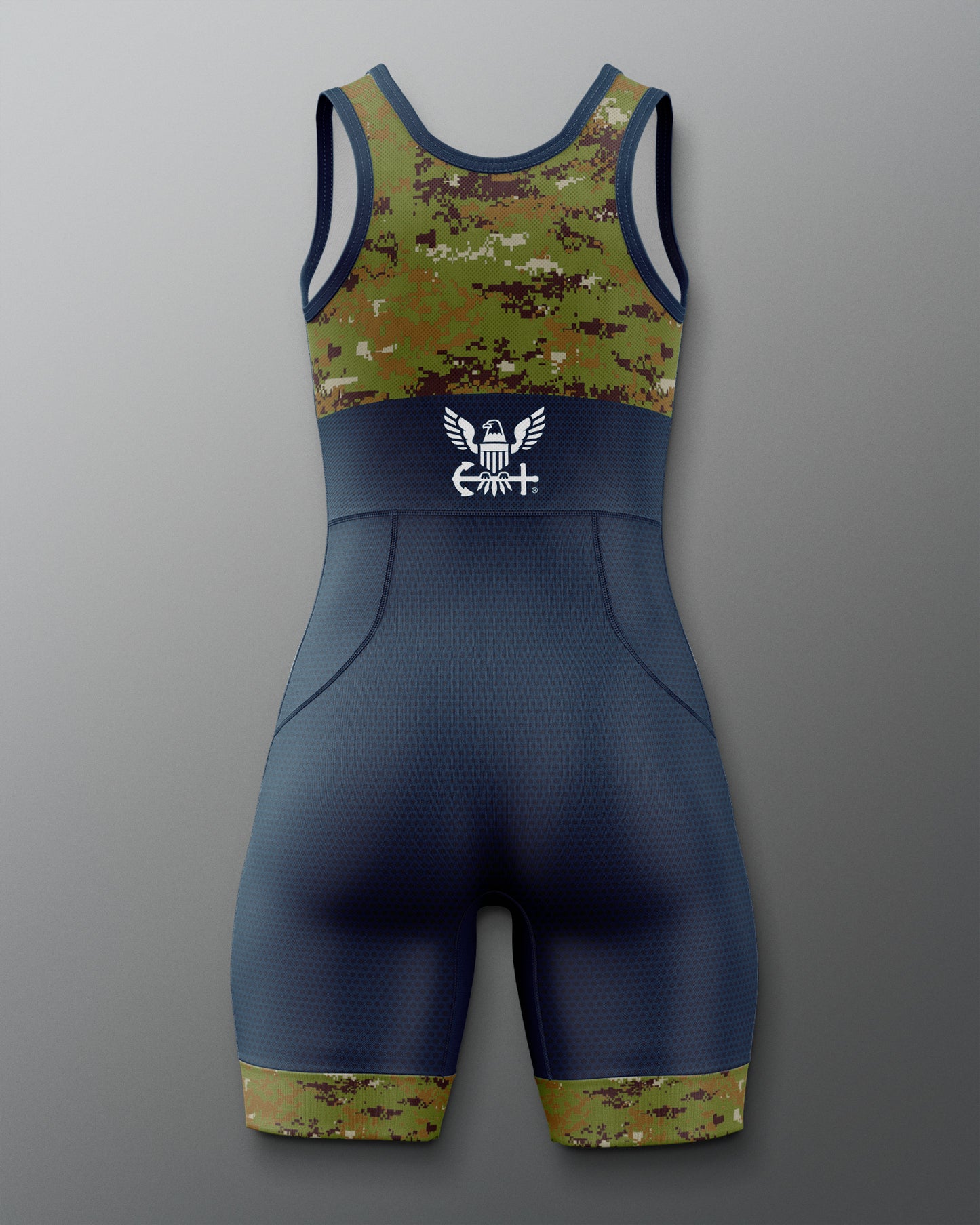 Wrestling singlet with camouflage top and bottom on a gray background