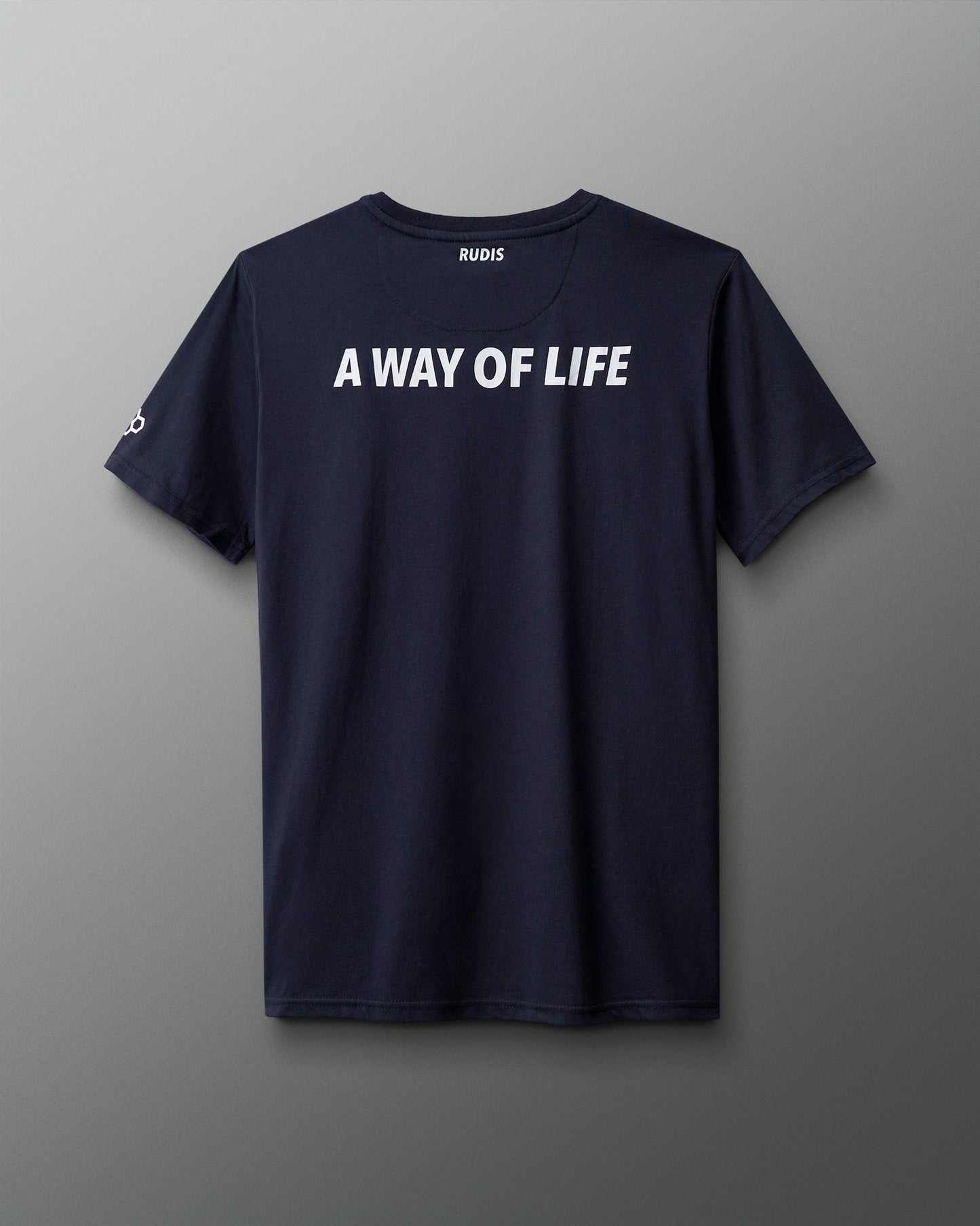 Navy blue t-shirt with 'A Way of Life' text on a gray background