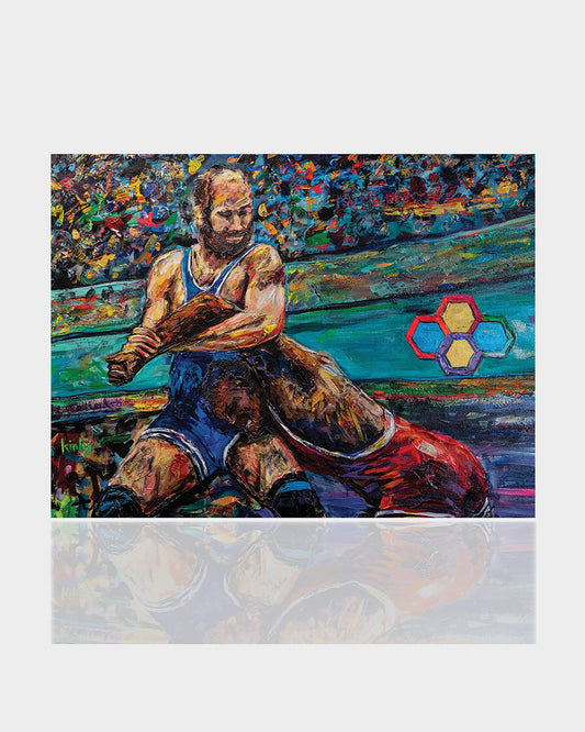 A vibrant painting of two wrestlers in action showcasing dynamic movement and an array of colors capturing the intensity of the sport