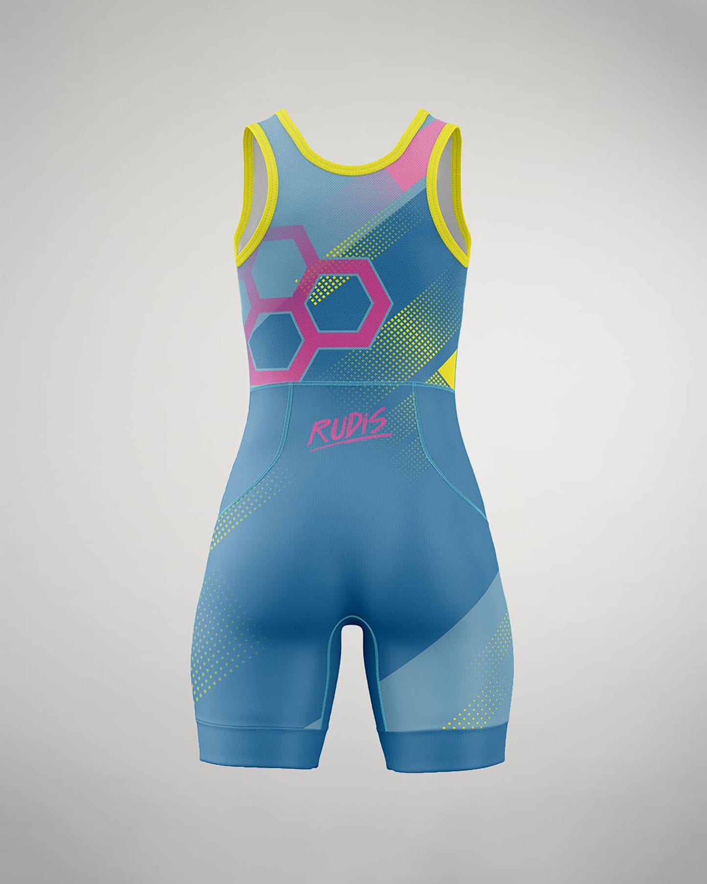 A vibrant blue wrestling singlet with geometric patterns and branding designed for athletic performance