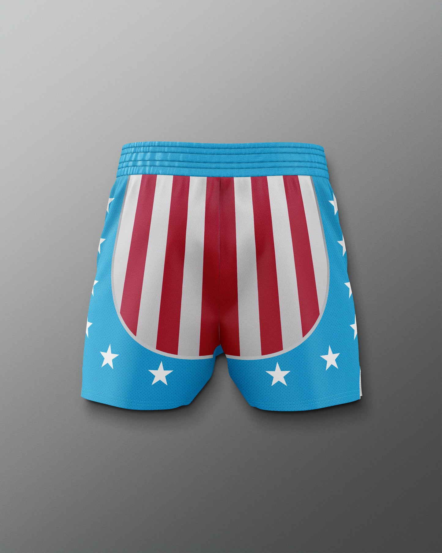 Back view of the Apollo Creed boxing training shorts, featuring red and white vertical stripes on the front, blue sides and waistband with white stars, inspired by the iconic Rocky movie look.