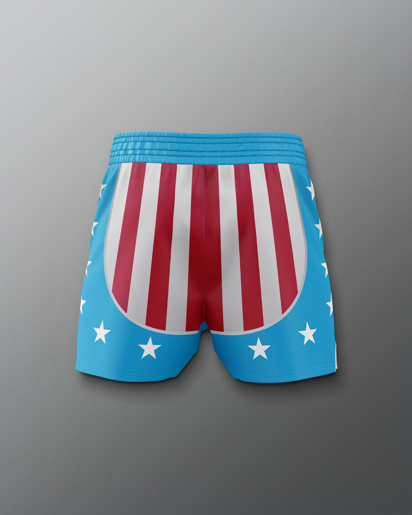 Back view of the Apollo Creed boxing training shorts, featuring red and white vertical stripes on the front, blue sides and waistband with white stars, inspired by the iconic Rocky movie look.
