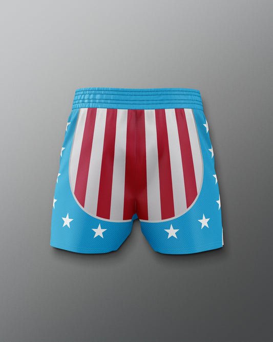 Back view of the Apollo Creed boxing training shorts, featuring red and white vertical stripes on the front, blue sides and waistband with white stars, inspired by the iconic Rocky movie look.