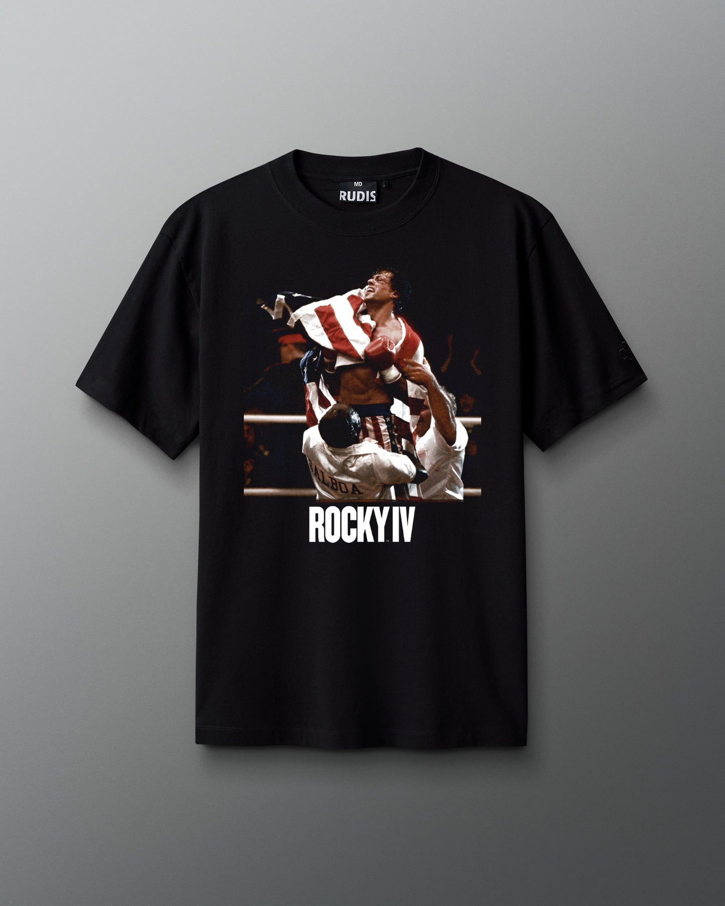 Black shirt with image of Rocky Balboa boxing holding flag with ROCKY IV in white
