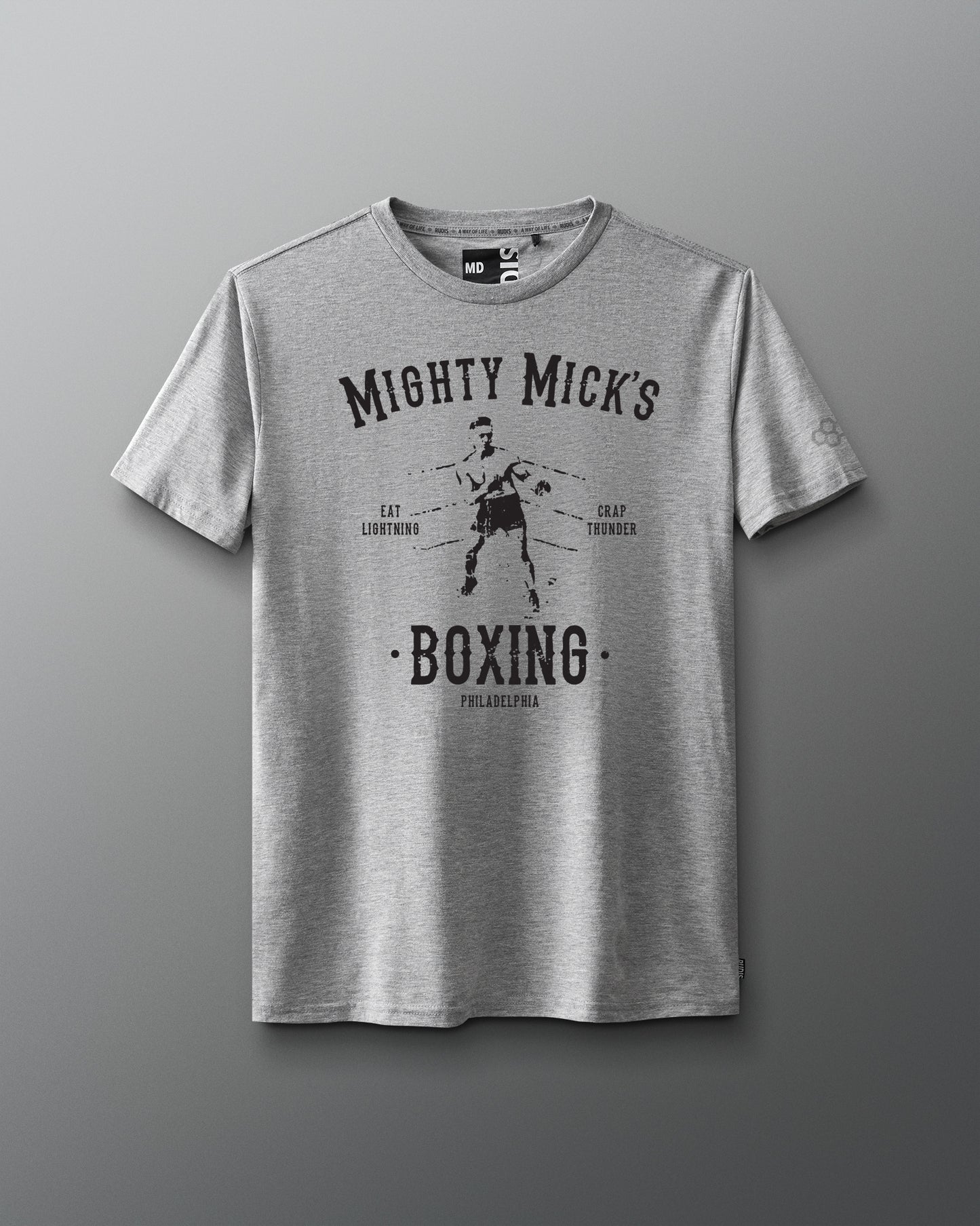 ROCKY Mighty Micks Boxing Grey Shirt black text - Eat Lightning. Crap Thunder. ROCKY