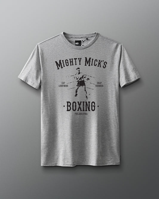 Mighty Micks Boxing Grey Shirt black text - Eat Lightning. Crap Thunder. ROCKY