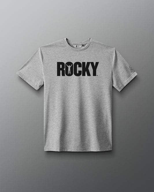 Front view of a gray T-shirt featuring the classic black 'ROCKY' logo across the chest, with the silhouette of a victorious boxer inside the letter 'O,' inspired by the original Rocky movie.