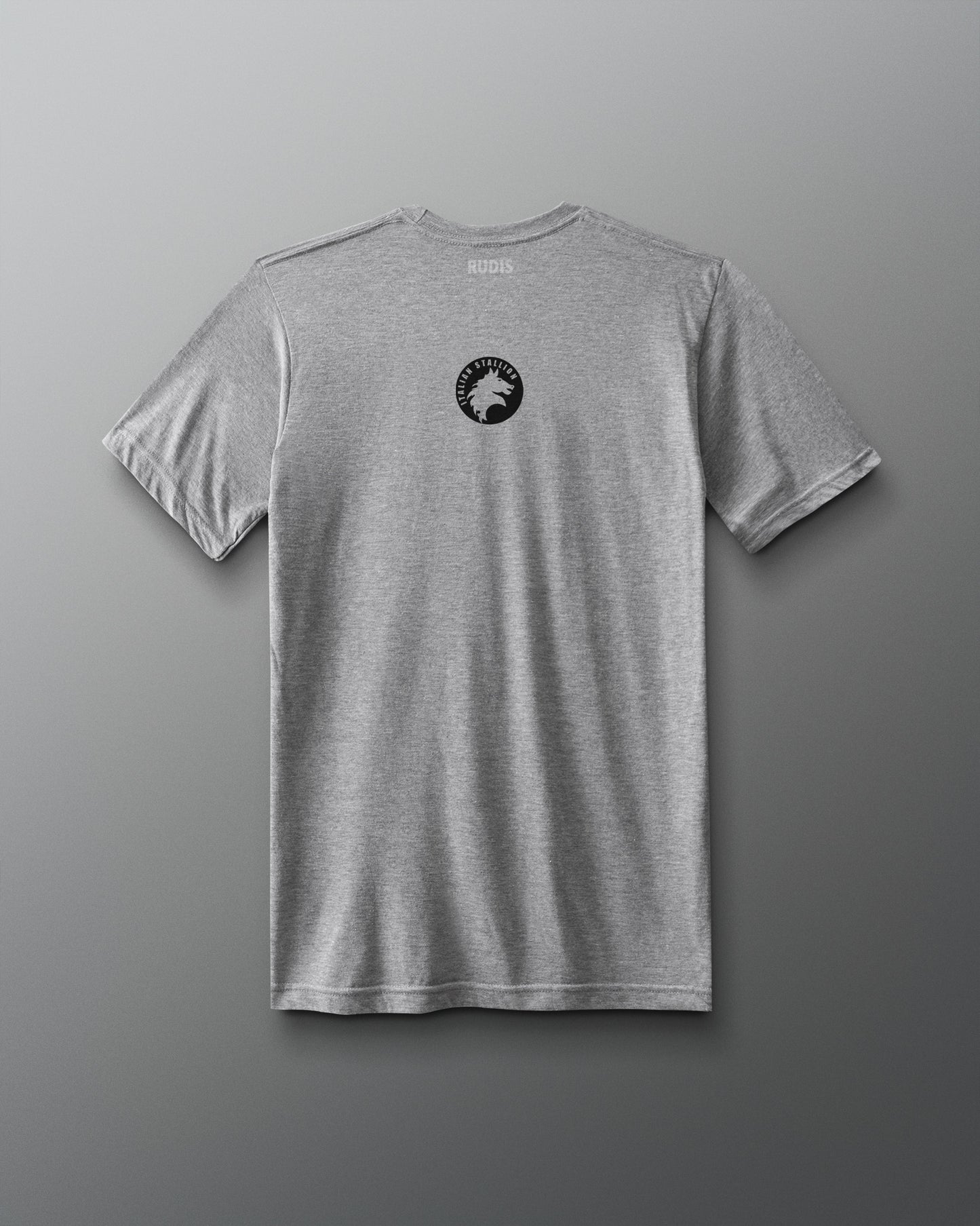Back view of a gray T-shirt featuring the classic black Italian Stallion Logo. Rocky movie official logo merchandise.