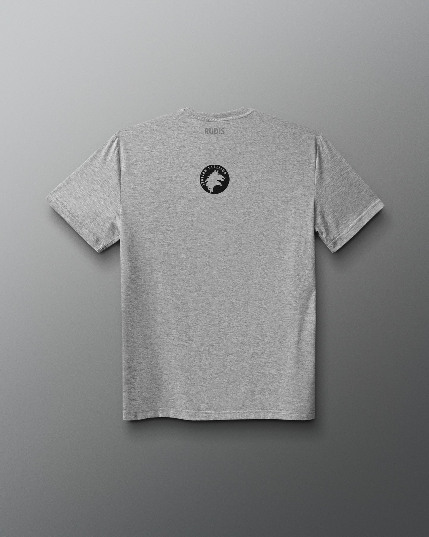 Back view of a gray T-shirt featuring the classic black Italian Stallion Logo. Rocky movie official logo merchandise.