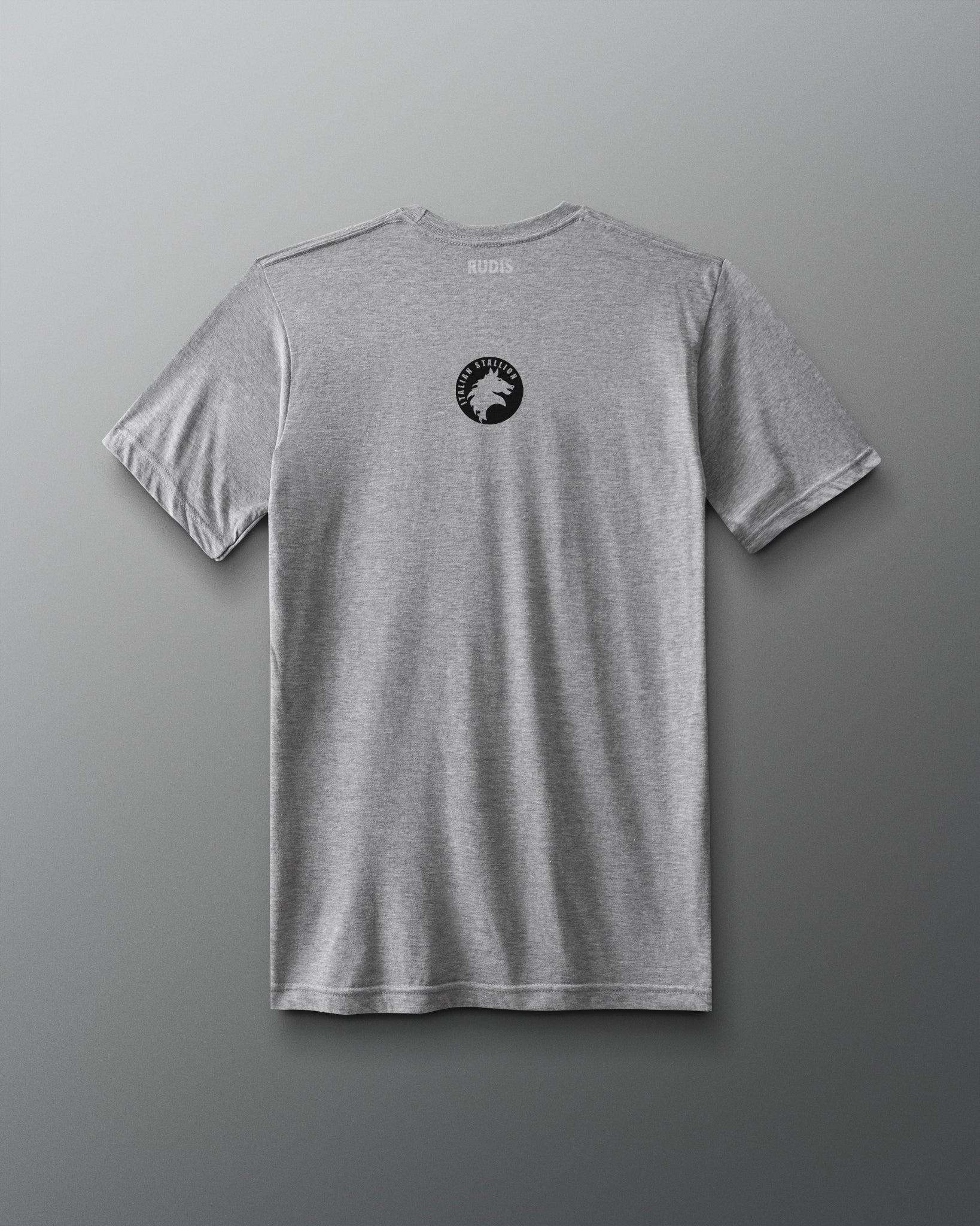 Back view of a gray T-shirt featuring the classic black Italian Stallion Logo. Rocky movie official logo merchandise.