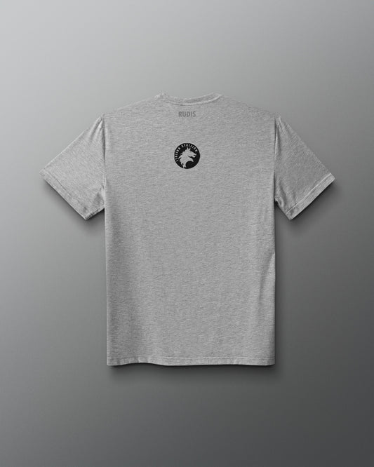 Back view of a gray T-shirt featuring the classic black Italian Stallion Logo. Rocky movie official logo merchandise.