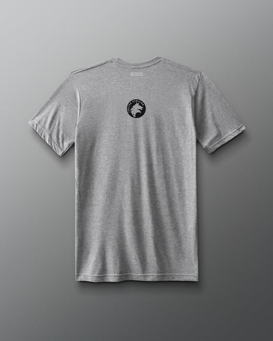 Back view of a gray T-shirt featuring the classic black Italian Stallion Logo. Rocky movie official logo merchandise.