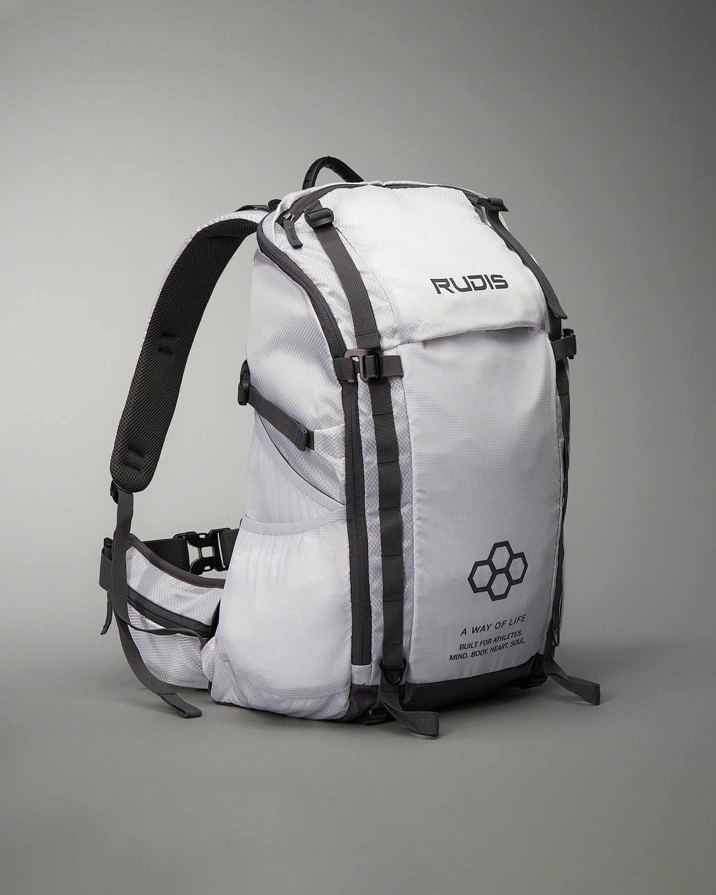 A sleek gray athletic backpack featuring adjustable straps and a motivational quote designed for athletes