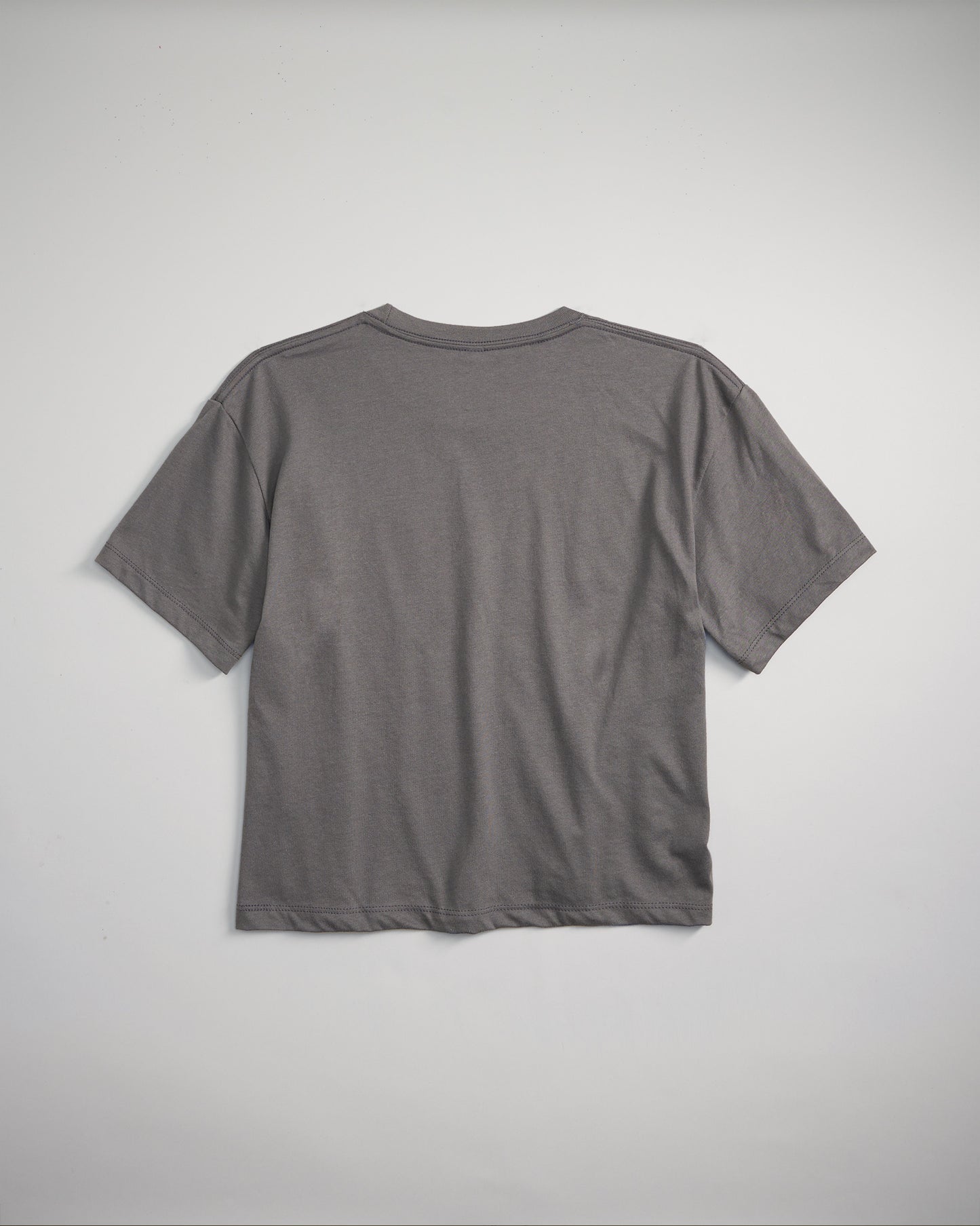 A simple casual gray t-shirt displayed from the back view against a neutral background