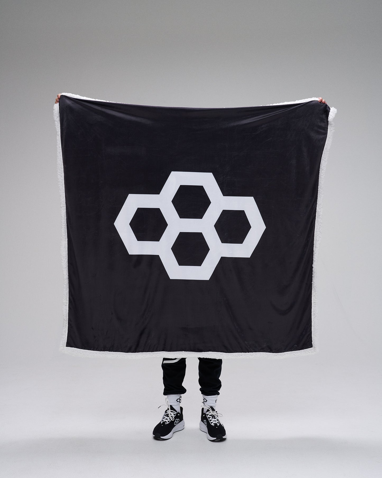 Person holding a black flag with a white geometric symbol on a gray background
