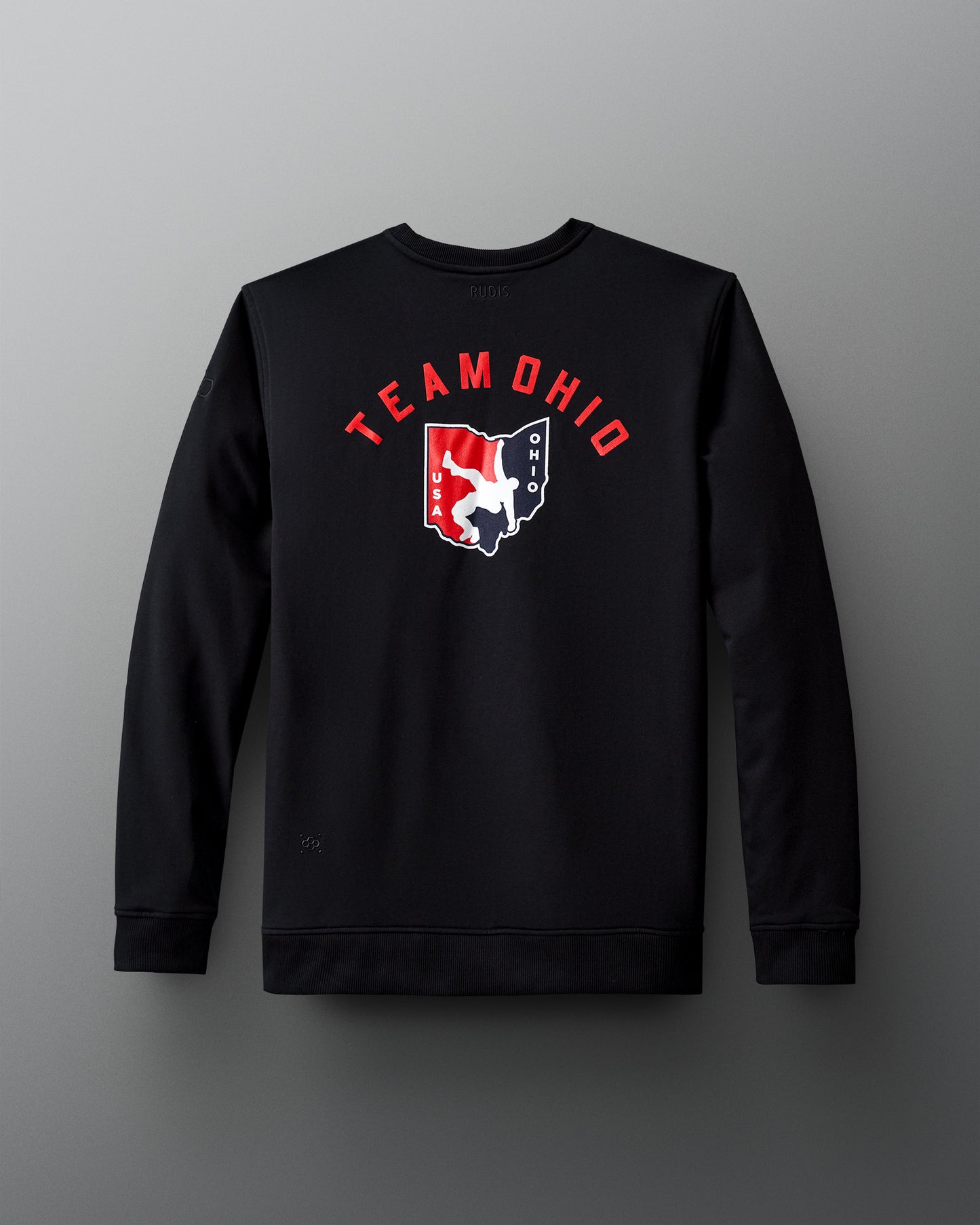 RUDIS Team Ohio Arched Crewneck in black, showcasing a large Team Ohio USA Wrestling logo with a red and white wrestler silhouette inside an Ohio state outline.