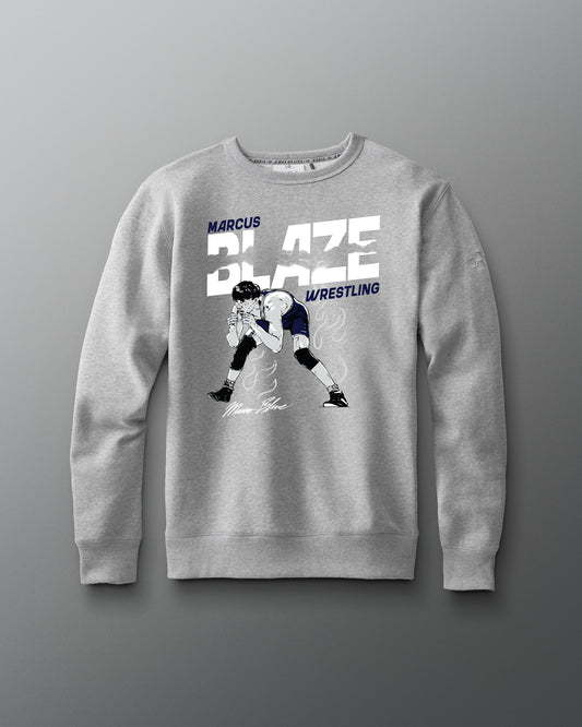 Gray sweatshirt with wrestling graphic and text on a gray background