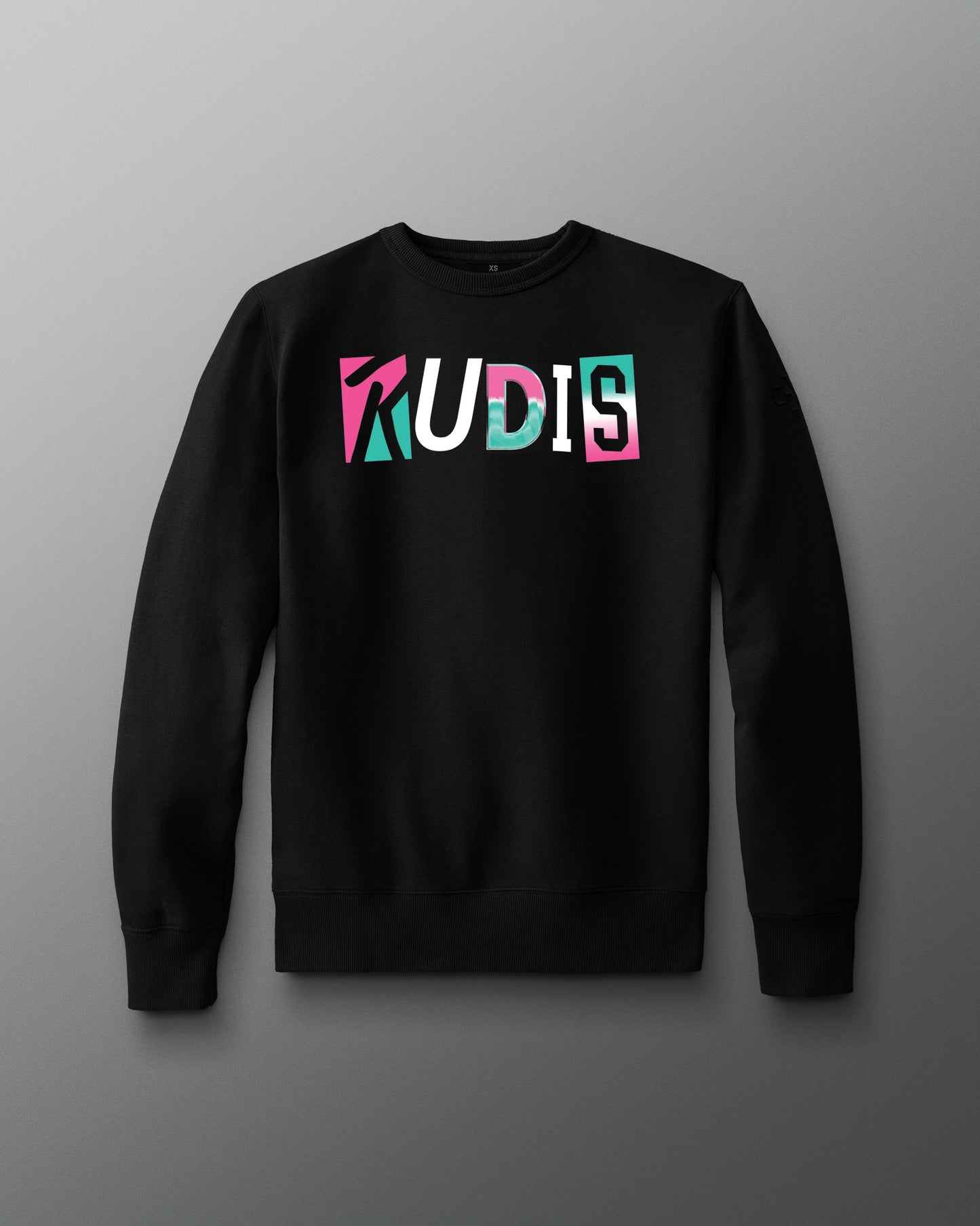 Black sweatshirt with colorful 'RUDIS' text on a gray background