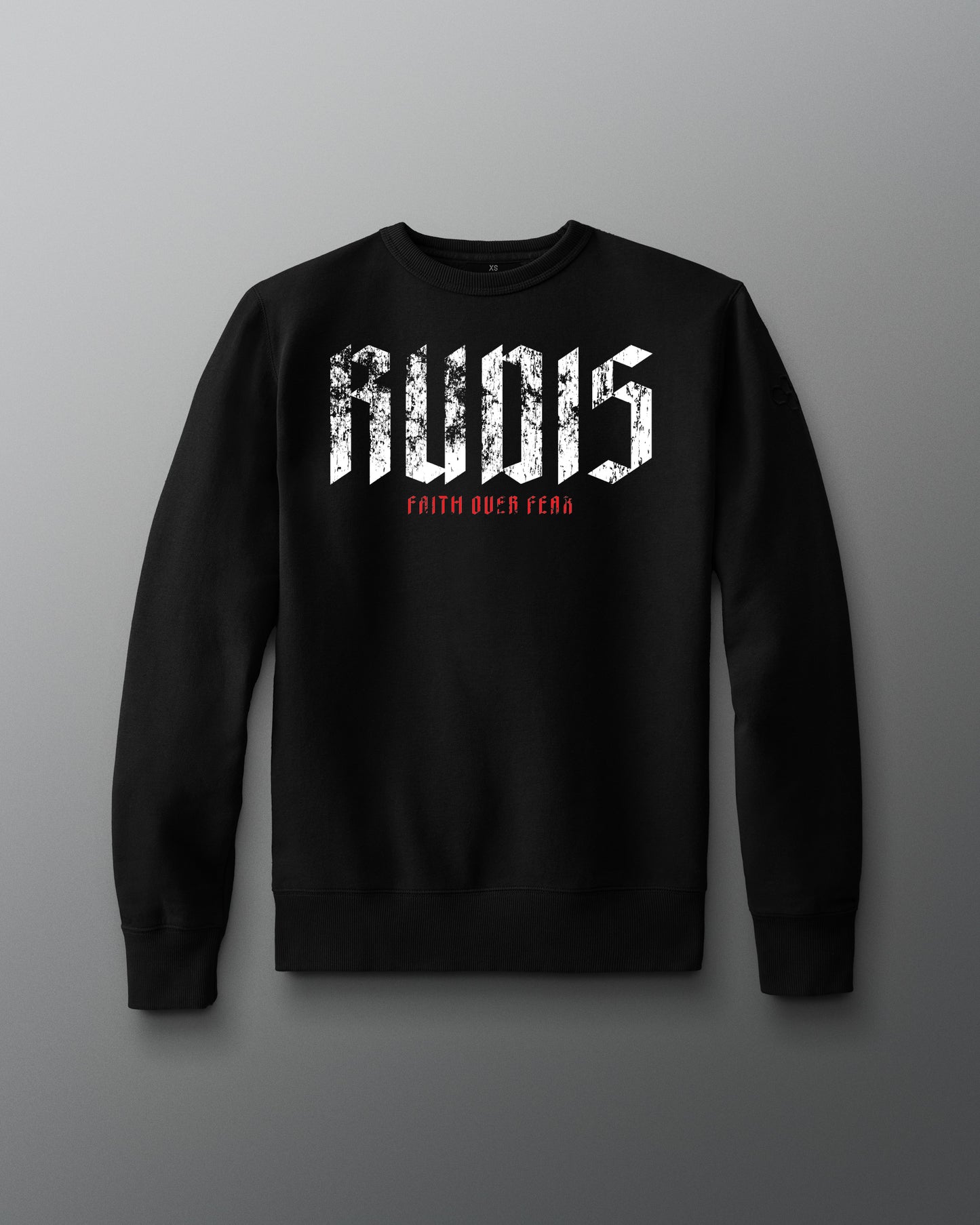 Black sweatshirt with white text on a gray background