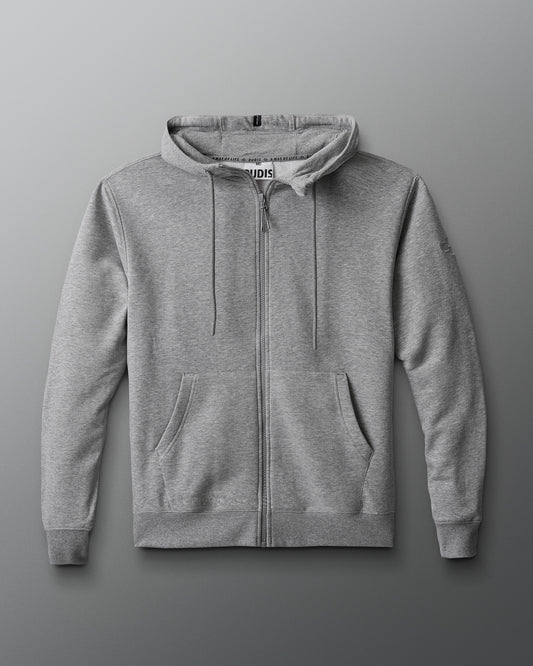Gray hoodie with a brand logo on a gray background