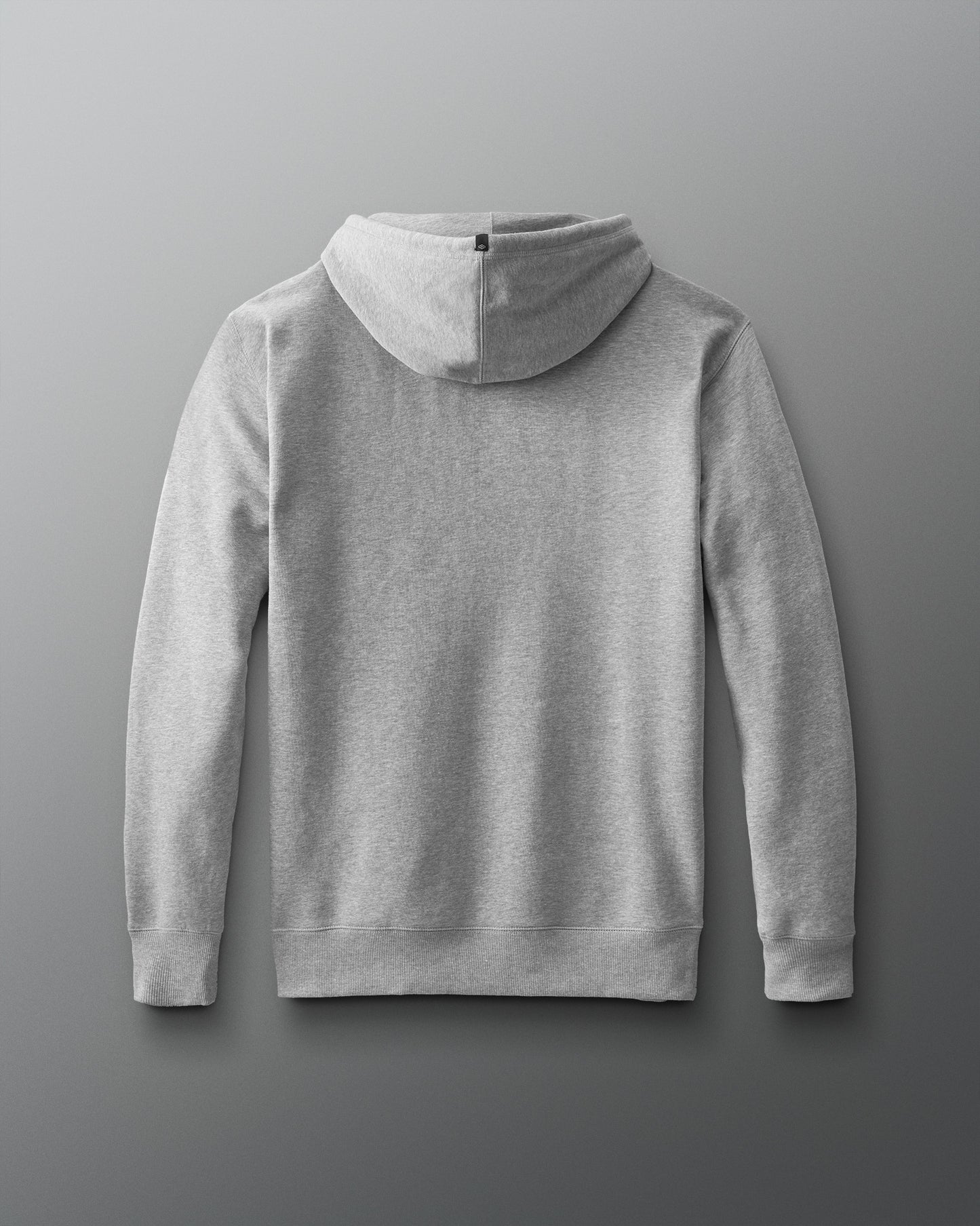 Back view of Gray hoodie on a gray background