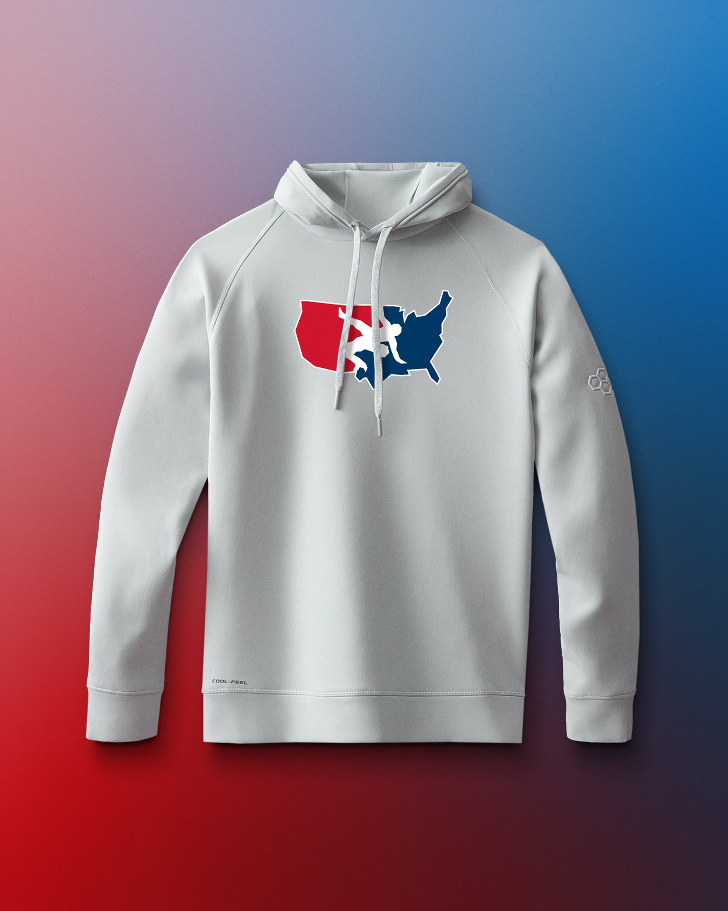 White hoodie with a graphic of the USA Wrestling logo on the front, featuring a red and blue design.
