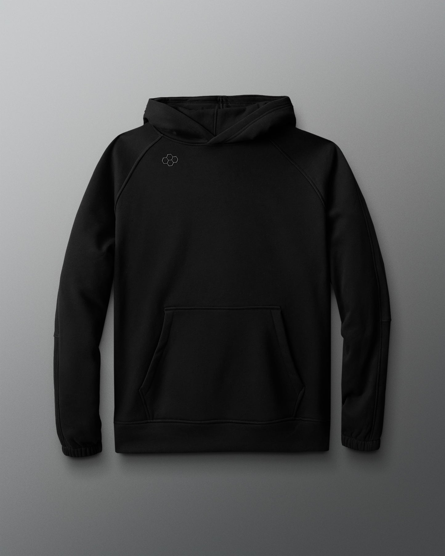 Black hoodie with a small logo on a gray background