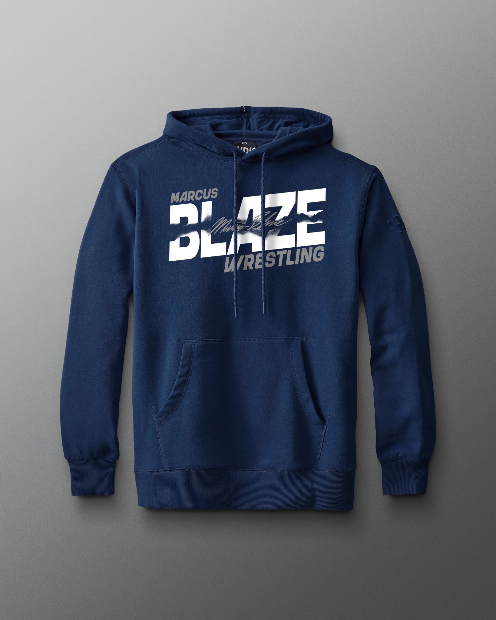 Blue hoodie with 'Blaze Wrestling' text on a gray background