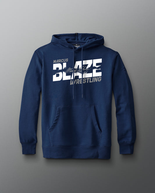 Blue hoodie with 'Blaze Wrestling' text on a gray background