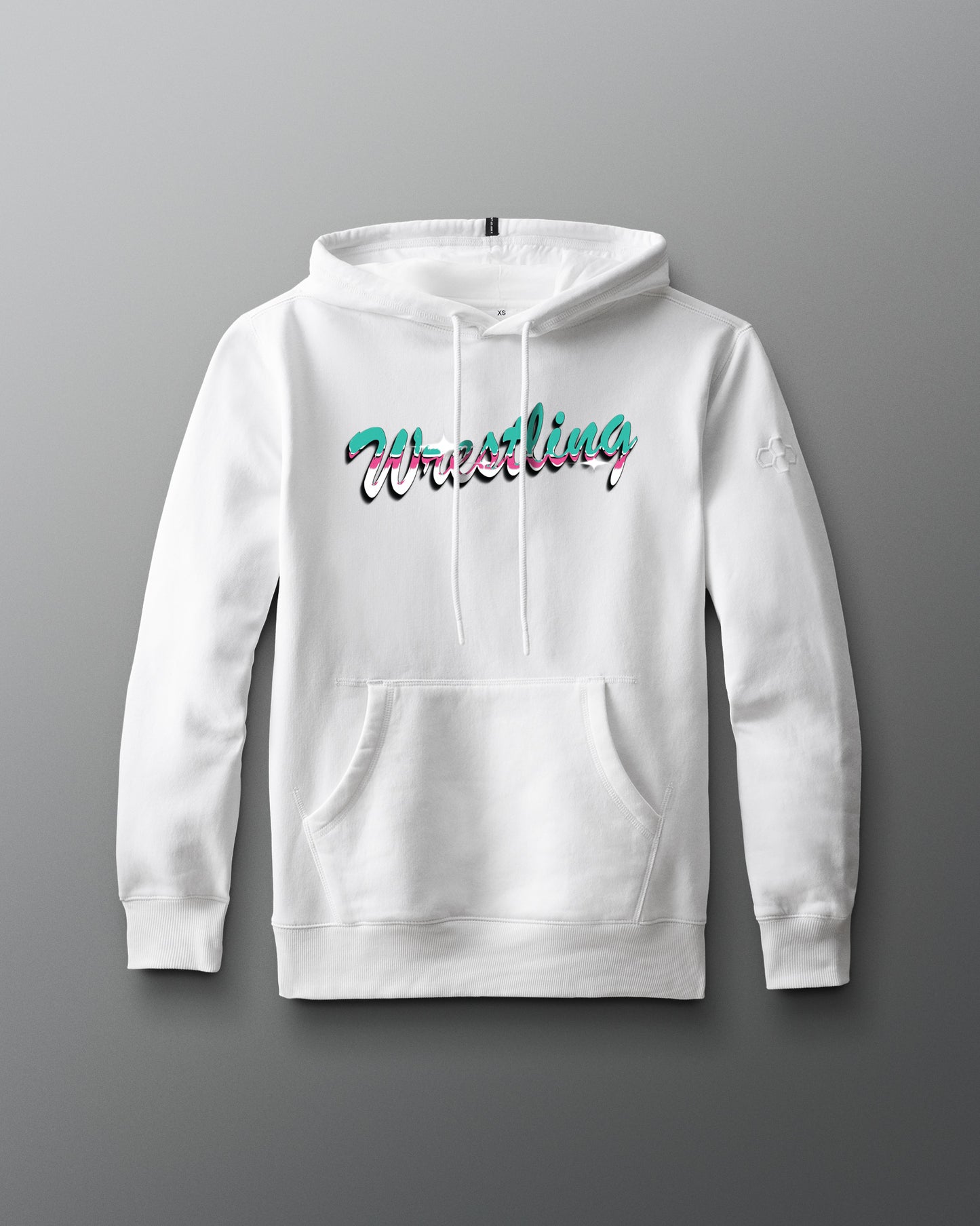 White hoodie with 'Wrestling' text on a gray background