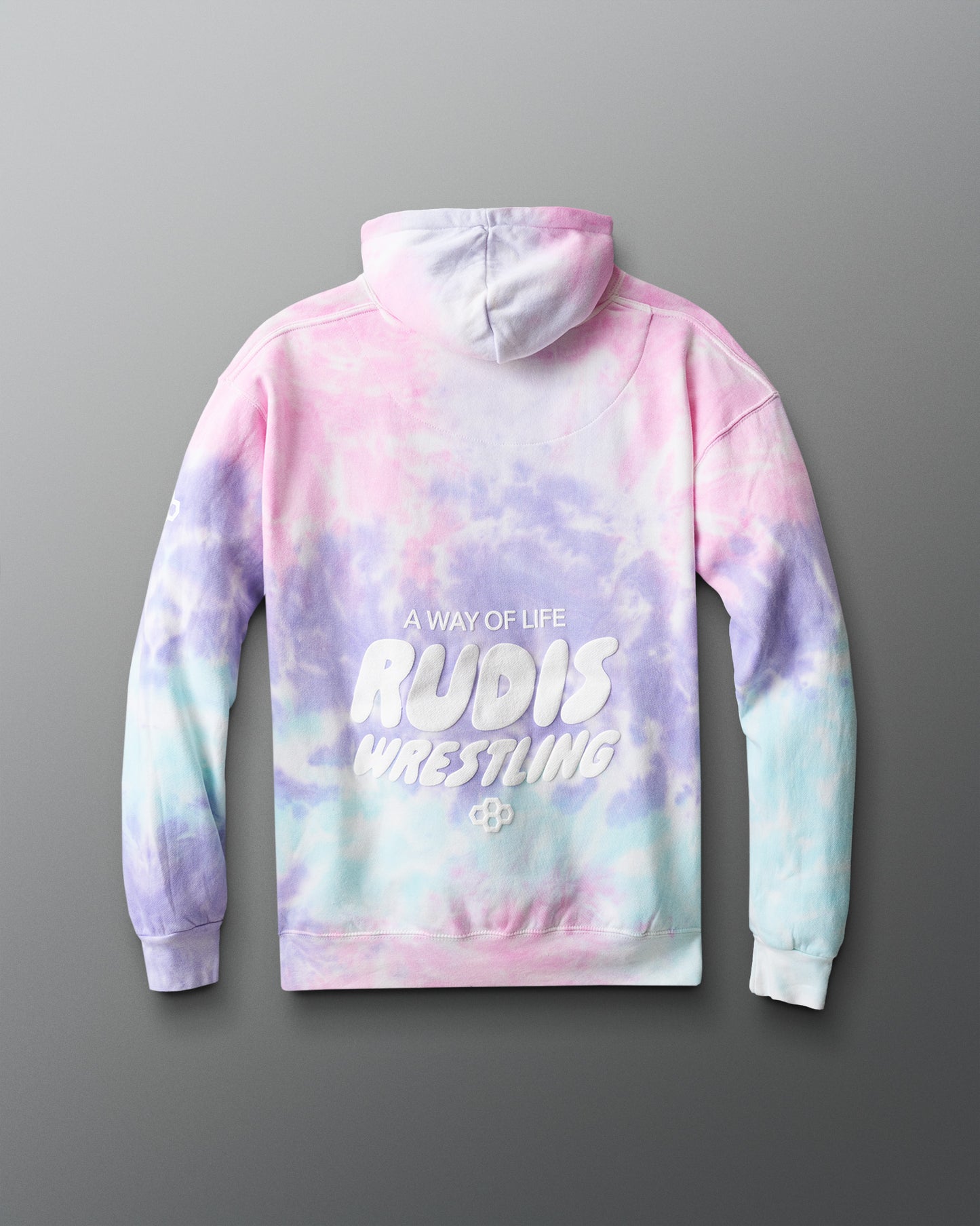 Tie-dye hoodie with 'A Way of Life AUDIS Wrestling' text on a gray background