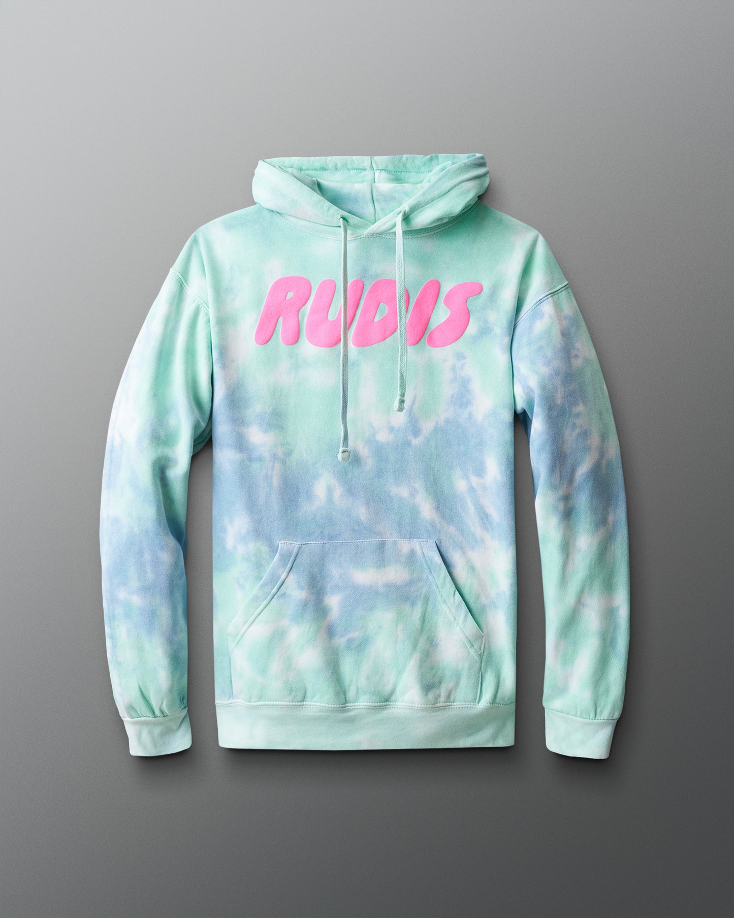Tie-dye hoodie with 'RUDIS' text on a gray background