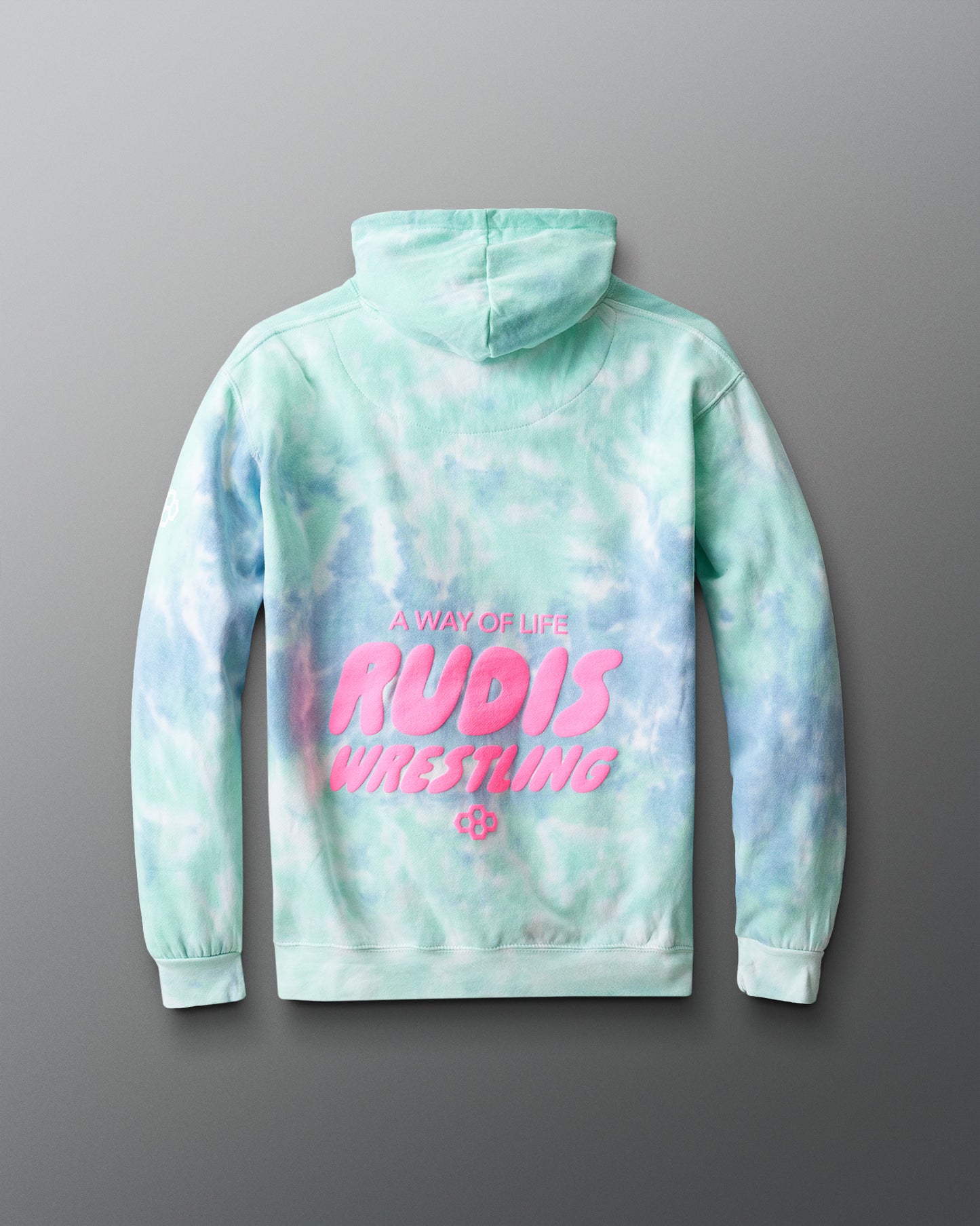 Tie-dye hoodie with pink text on a gray background