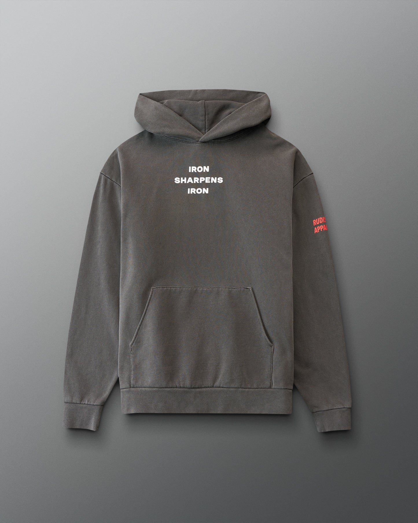 Gray hoodie with 'Iron Sharpens Iron' text on a gray background