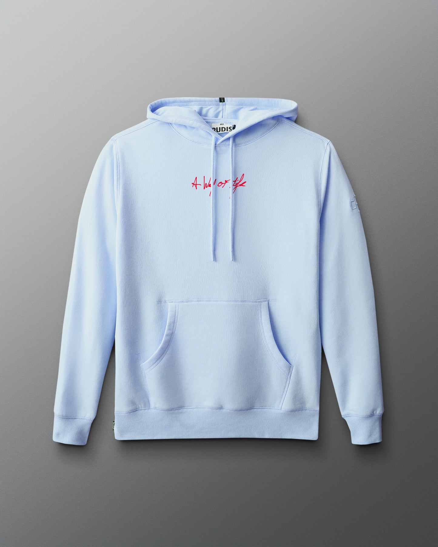 Light blue hoodie with red 'A way of life' text on a gray background