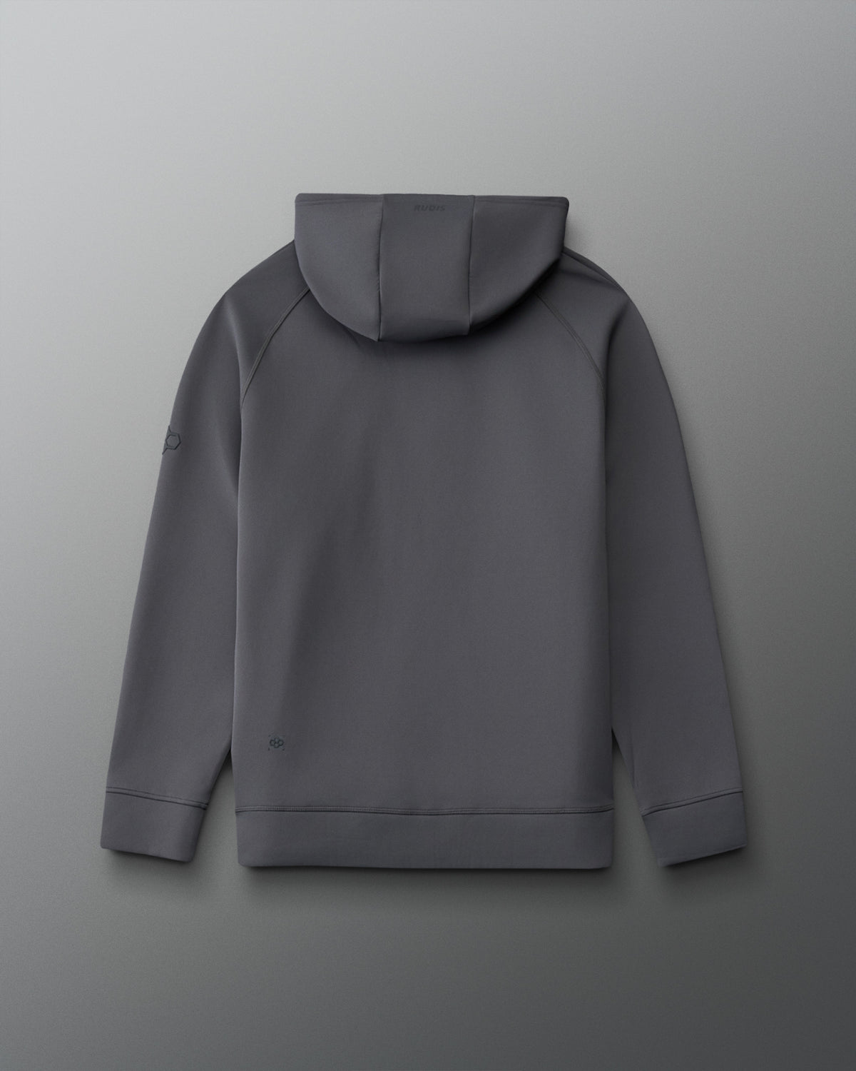 Back view of RUDIS Flag Hex Cool Feel Hoodie in Carbon gray, showcasing a minimalist design, structured hood, raglan sleeves, and subtle RUDIS branding.