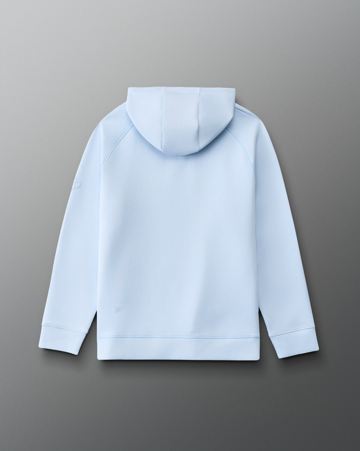 Back view of RUDIS USA Cool Feel Hoodie in Ice blue, showcasing a clean minimalist design, structured hood, raglan sleeves, ribbed cuffs, and subtle RUDIS Hex branding.
