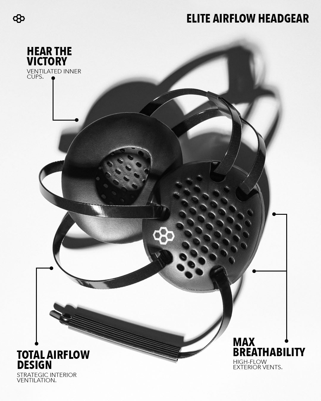 Airflow headgear with features highlighted on a light gray background