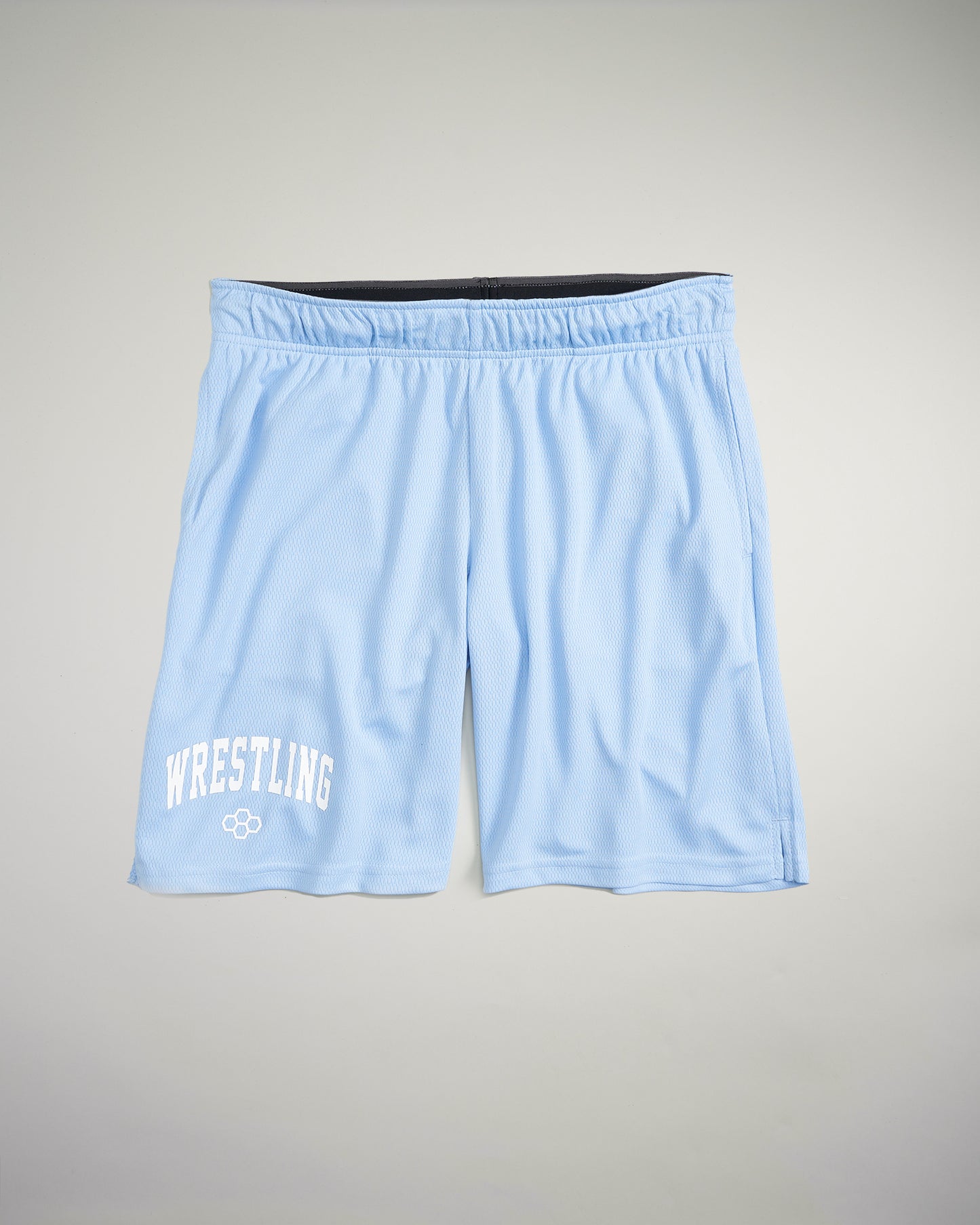 Light blue wrestling shorts featuring a white WRESTLING logo on the left leg and a comfortable elastic waistband