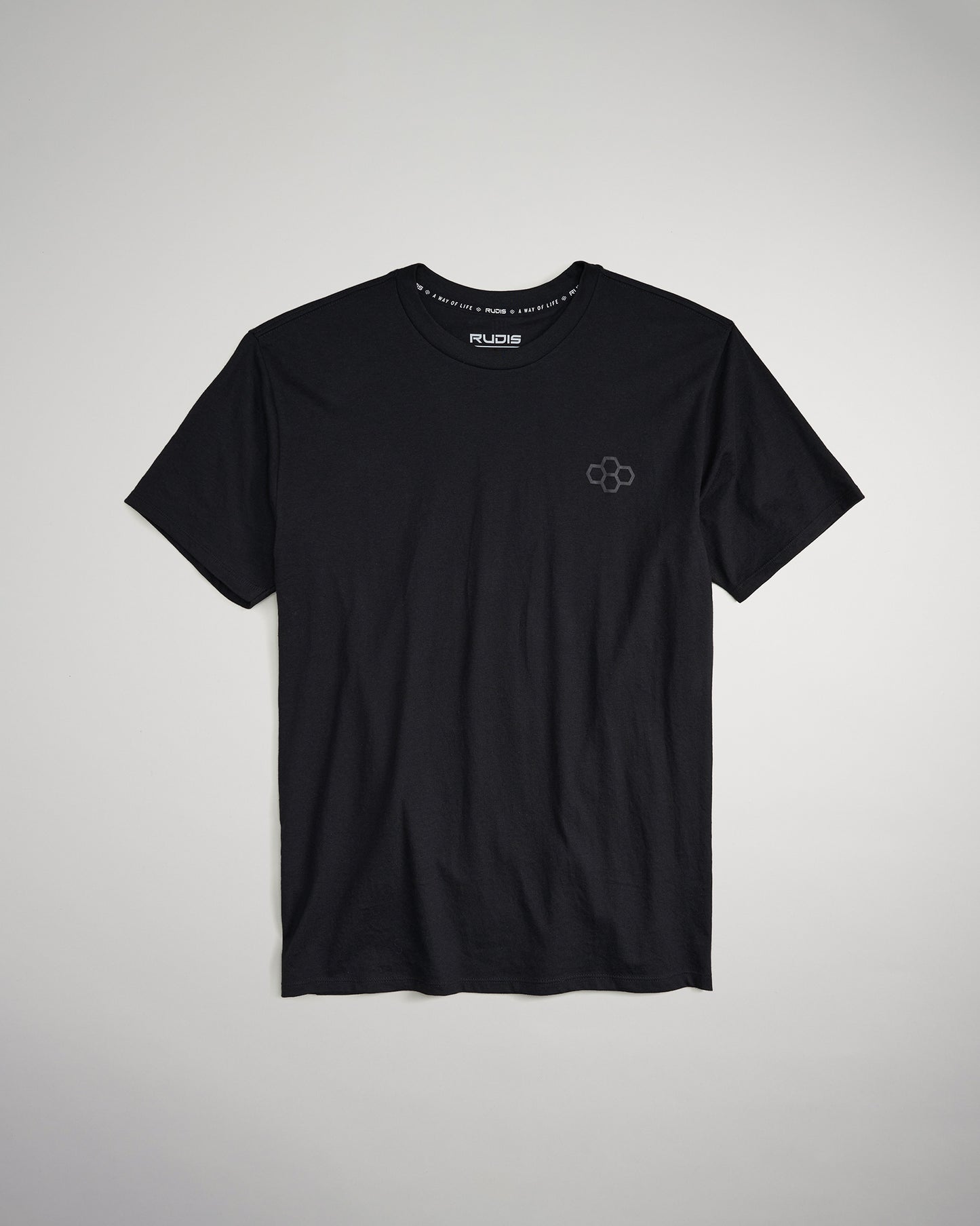 A plain black t-shirt featuring a subtle logo on the chest and a comfortable crew neckline ideal for casual wear